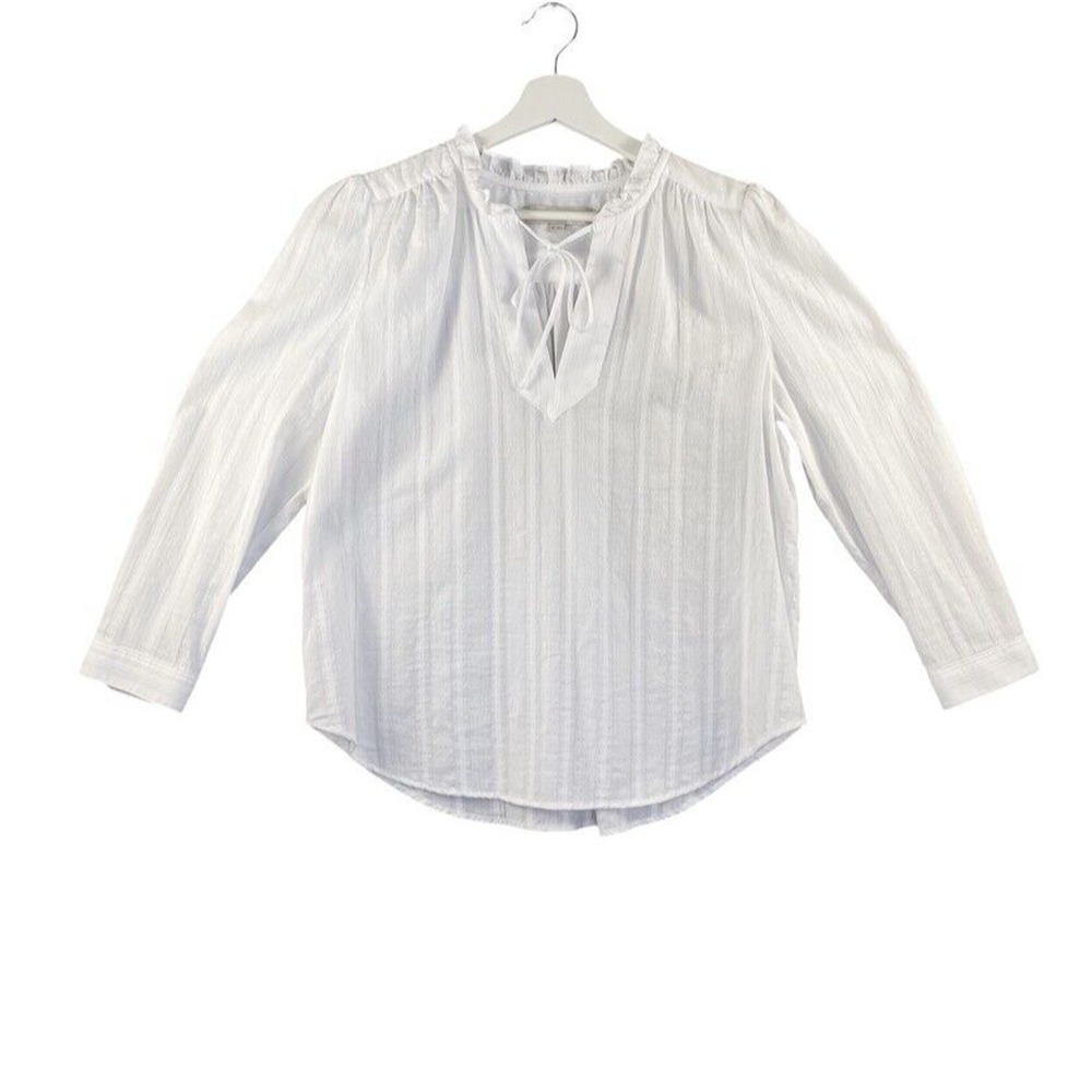 LOFT Shirt‎ Womens Medium White Birdseye Prairie Tie Collar Ruffle Cottage Core